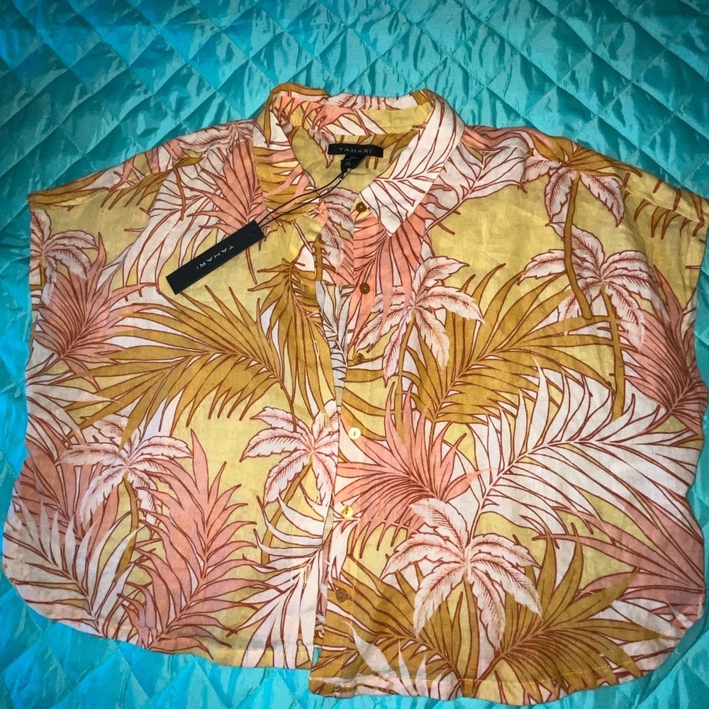 Tahari Linen Blend Coral Palm Print Cropped Button Up Cap Sleeve Top XL NWT